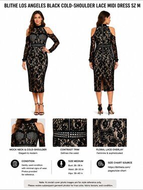 BLITHE LOS ANGELES BLACK COLD-SHOULDER LACE MIDI DRESS SZ M